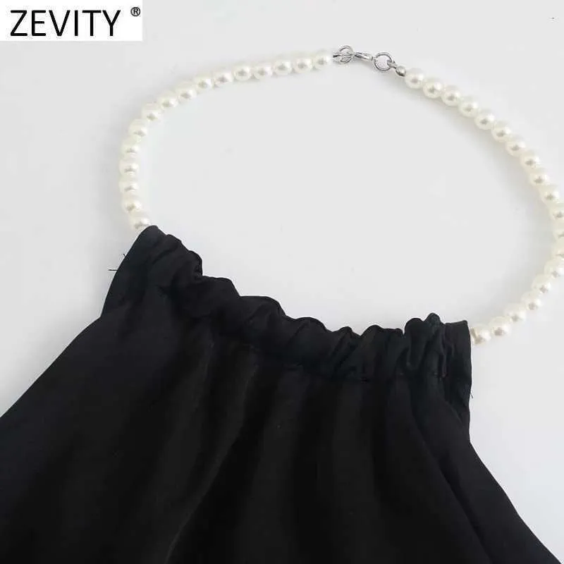 Zevity Kobiety Sexy Pearl Beading Cascading Wzburzyć Czarna Bluzka Kobieta Bez Rękawów Krantka Koszula Chic Lato Blusas Topy LS9389 210603