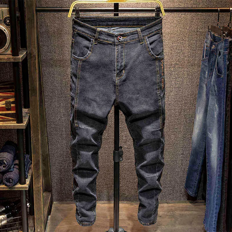 Hommes Lettre broderie Streetwear Slim fit Jeans pantalon Marque De Mode Mâle Hip hop Coton Solide Casual Joggers Denim pantalon 211108