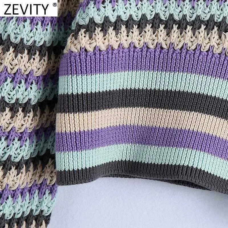 Zevity Women Fashion Color Matching Hollow Out Crochet Stickning Sweater Ladies V Neck Casual Slim Crop Pullovers Tops SW822 210914