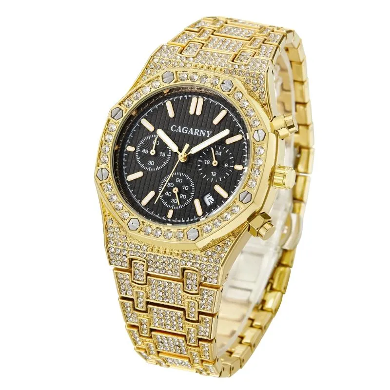 Cagarny relógio masculino com diamantes completos, hip hop, gelado, quartzo, relógio de pulso, prata, à prova d'água, cronógrafo, re251p