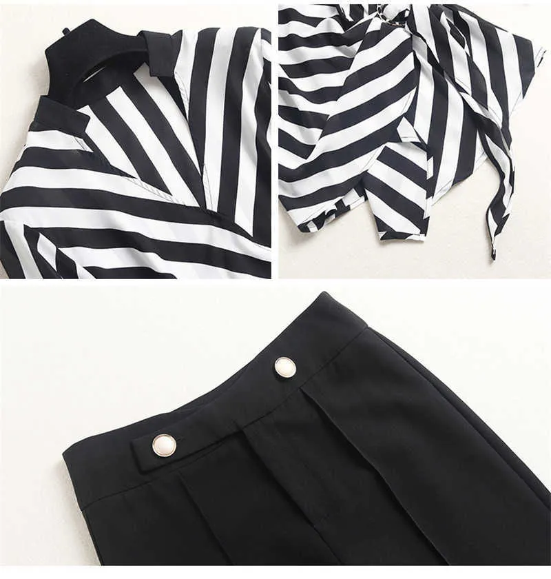 Diseñadores de moda de verano Lady Elegant Office Trajes de dos piezas Mujeres Impresión a rayas Camisa de gasa y pantalones Conjuntos de trajes 210601