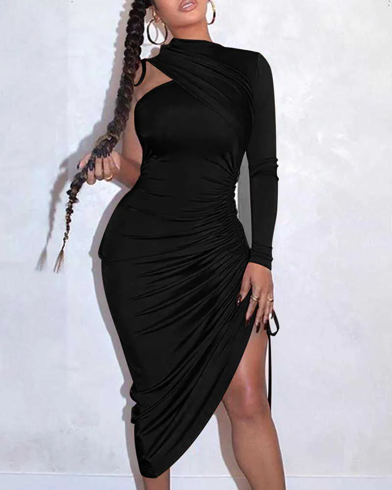 Sexy One Shoulder Drawstring Ruched Bodycon Dress Women Solid Long Sleeve Mid-calf Night Club Party Dress 210706