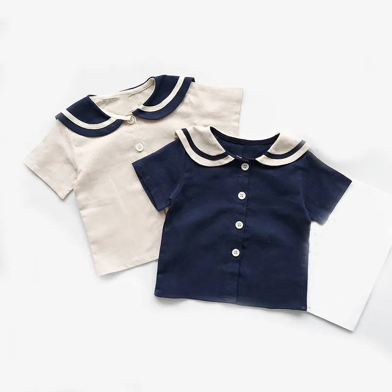 Estate stile coreano bambini colletto alla marinara cotone lino set di vestiti ragazzi ragazze maglietta + pantaloncini 2 pezzi abbigliamento bambino neonato abbigliamento 210326