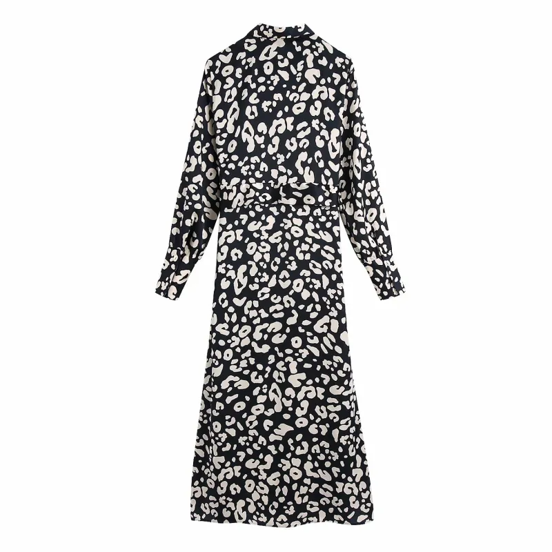 Vintage Woman Black Leopard Satin Sashes Long Dress Spring Fashion Ladies Shirt es Female ELegant Patry 210515