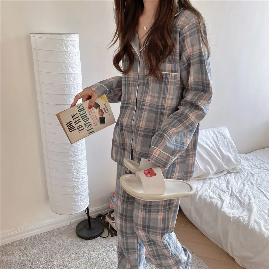 Nightwear Sweet Chic Casual Fashion Brief Geometric All Match Plaid Homewear Loose Suits Pajamas Sets 210525