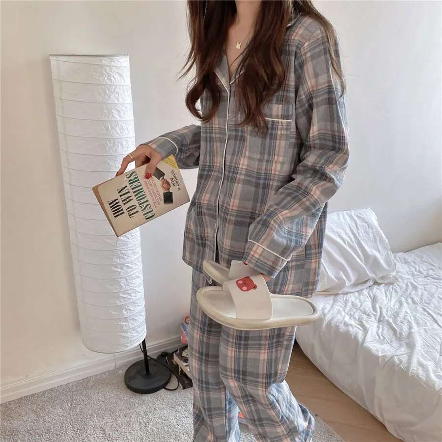 Ropa de dormir Sweet Chic Casual Fashion Brief Geometric All Match Plaid Homewear Trajes sueltos Conjuntos de pijamas 210525