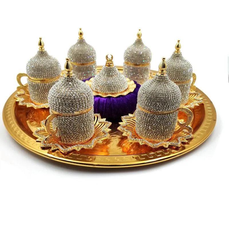 Tazze di piattini set di 6 autentici caffè turchi e coperchi con decorazioni la casa fatte a mano araba Expresso270D