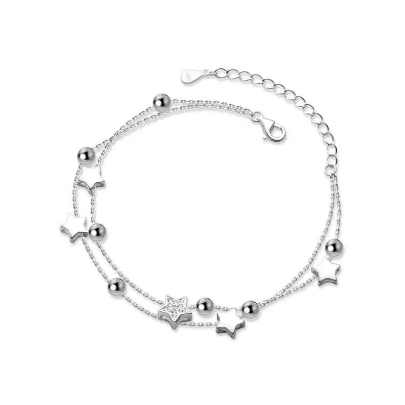925 Sterling Sier Dubbelskikt Zircon Star Round Bead Charm BraceletBangle för kvinnor Eleganta Smycken Pulseras SL220