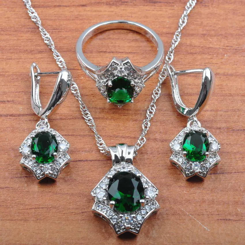 Rysk stil med naturliga stenar Gröna Smycken Satser Silver Färg Mode Kostym Tillbehör för kvinnor Julklapp JS484 H1022