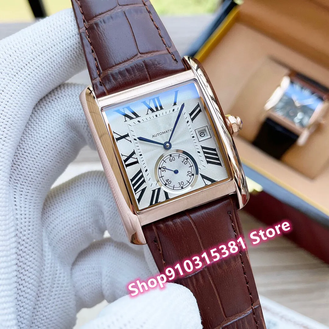 Luxury Men Stainless Steel Geometric Rectangular Watch Rose Gold Rome Number Watch Automatic Mechanical Black Leather Clock 40mm