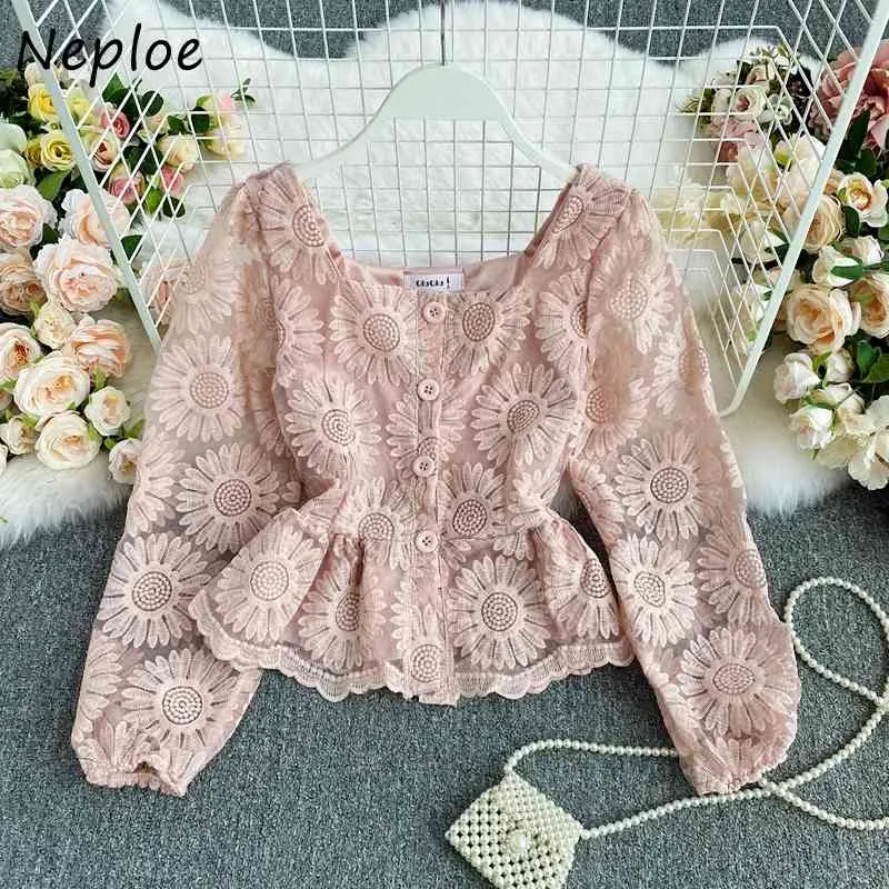 Neploe Fransk Lace Hook Flower Elegant Blus Kvinnor Square Collar Sexig Clavicle Exposed Slim Blusas Vår Långärmad Skjorta 210423