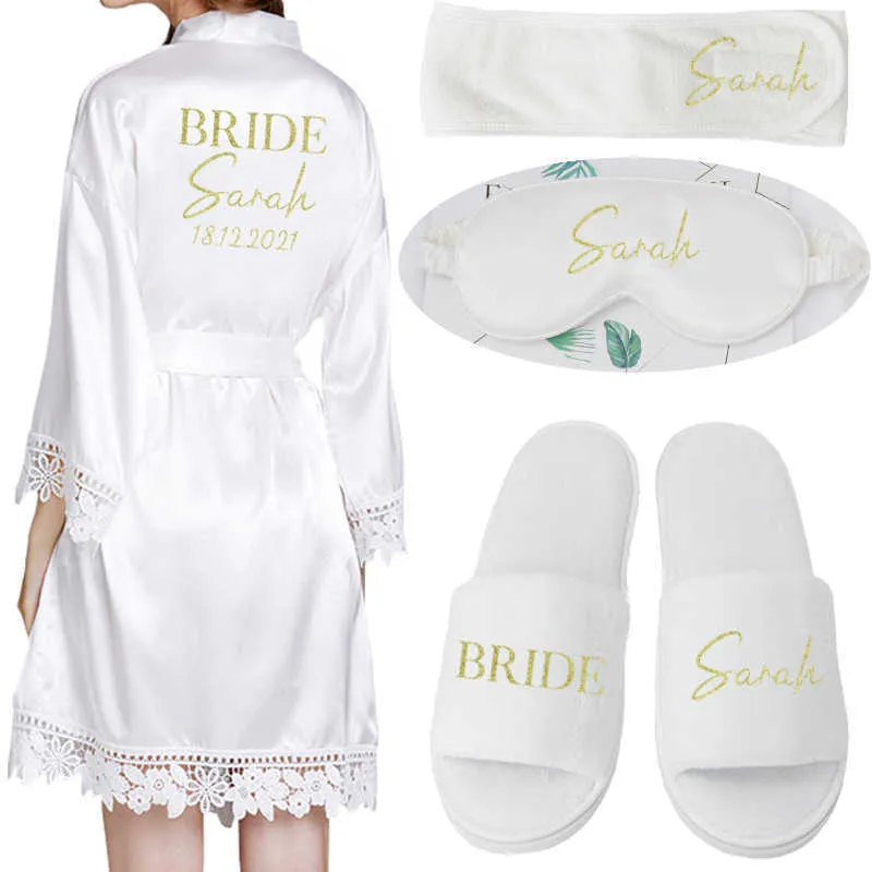 Maßgeschneiderte Datum Name Spitze Kimono Robe Frauen Hochzeit Braut Brautjungfer Roben Bachelorette Geschenke 210924
