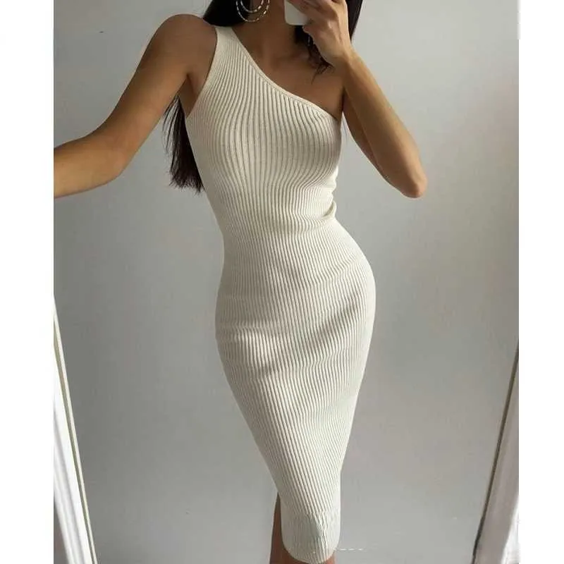 Sleeveless Solid Color High Waist Bodycon Knitted Dress Streetwear Sweater Dresses Slim Fit Sheath Crossbody Woolen Dress Y1006