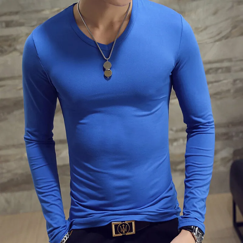 Élastique Mens T-Shirt O-Neck Col Rond À Manches Longues Hommes T-Shirt Pour Homme Lycra Et Coton T-Shirts Homme Vêtements