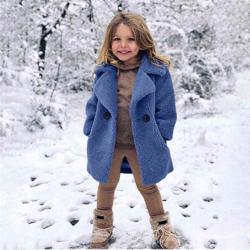 Весенне-осенняя модная повседневная куртка с лацканами для маленьких девочек из овечьей шерсти, толстая однотонная верхняя одежда, свободное пальто, детская теплая одежда 2112043207519