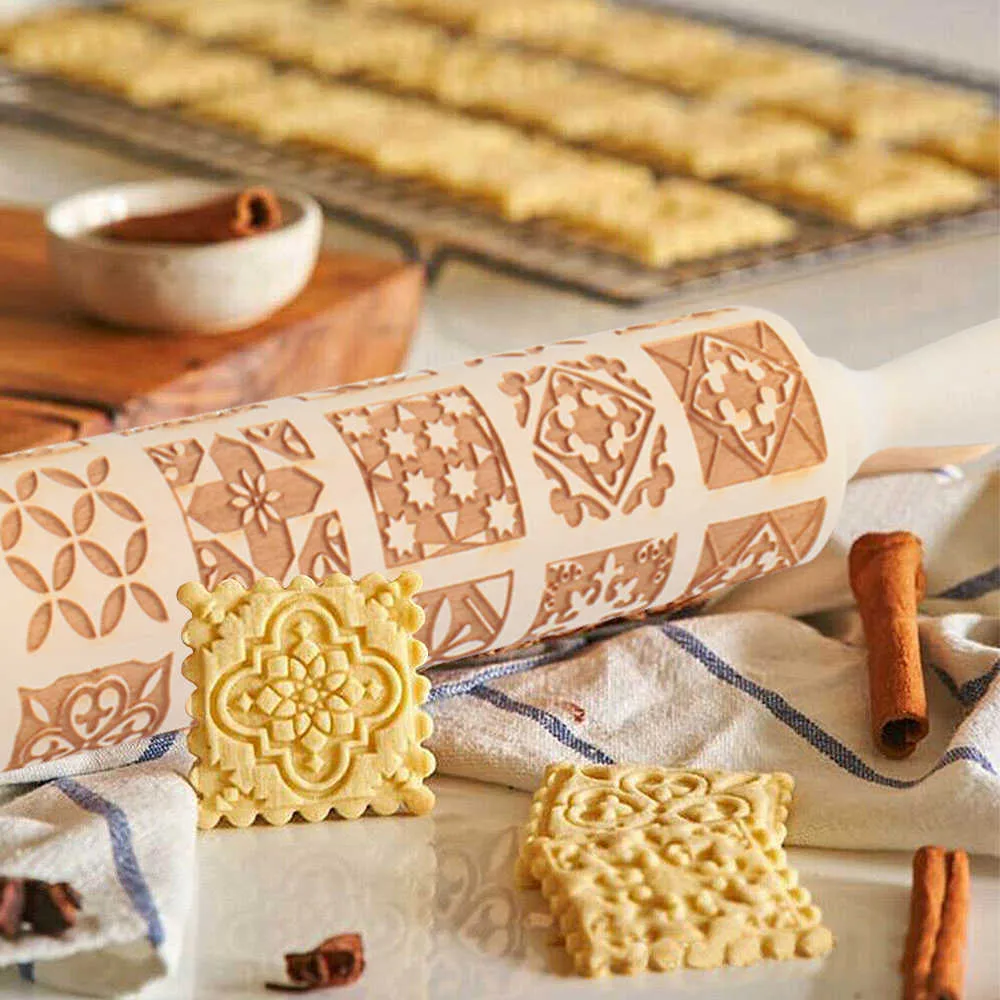 35 * 5 CM Kerstmis Sneeuwvlok Wijnstok Embossing Rolling Pin DIY Bakken Cookie Noodle Biscuit Fondant Cake Dough Houten Gegraveerde Roller 211008