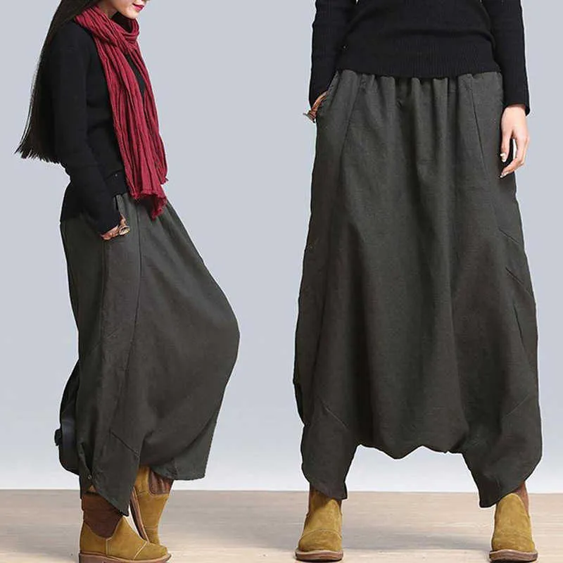 Women Casual Linen Harem Pants Baggy Bottoms Fashion Solid Low Crotch Female 210925