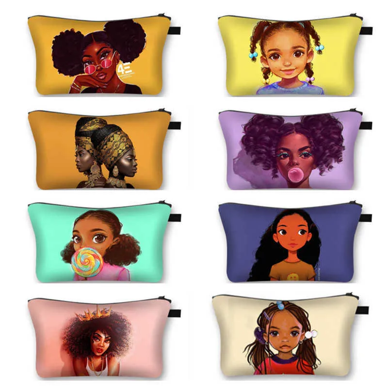 Black Afro Girls Make up Tasche Wasserdichte Handtasche für Damen Multifunktionale Reise Kulturbeutel Tasche Reißverschluss Beutel Kupplungsbeutel 28 Farben
