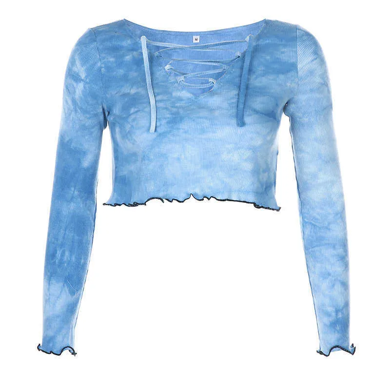 秋のファッションタイ色の印刷作物トップセクシーなVネッククロスレースアップ中空の天気露出Tシャツの女性カールエッジリブニットティー210526