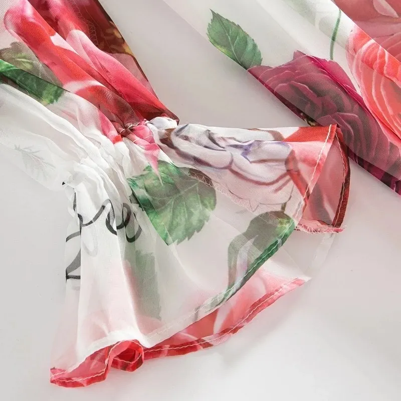 designer della passerella fiore rosa lettera vintage maxi vestito di lusso le donne boho robe de mujer collo a fiocco manica lunga abiti 210421