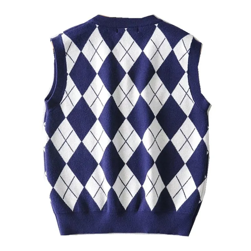 90s vintage azul argyle xadrez tricotada camisola colete estilo preppy vestuário coreano menina legal menina v neck sem mangas jumper y2k knitwear 210429