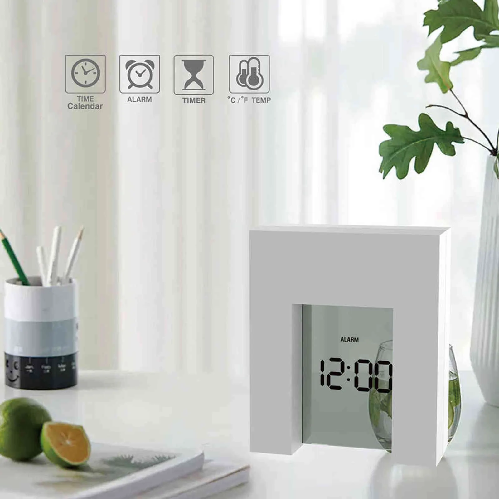 Sveglia digitale da tavolo LCD bianca con calendario, temperatura, timer, moderno orologio elettrico da camera da letto, alimentato a batteria, la casa 211112