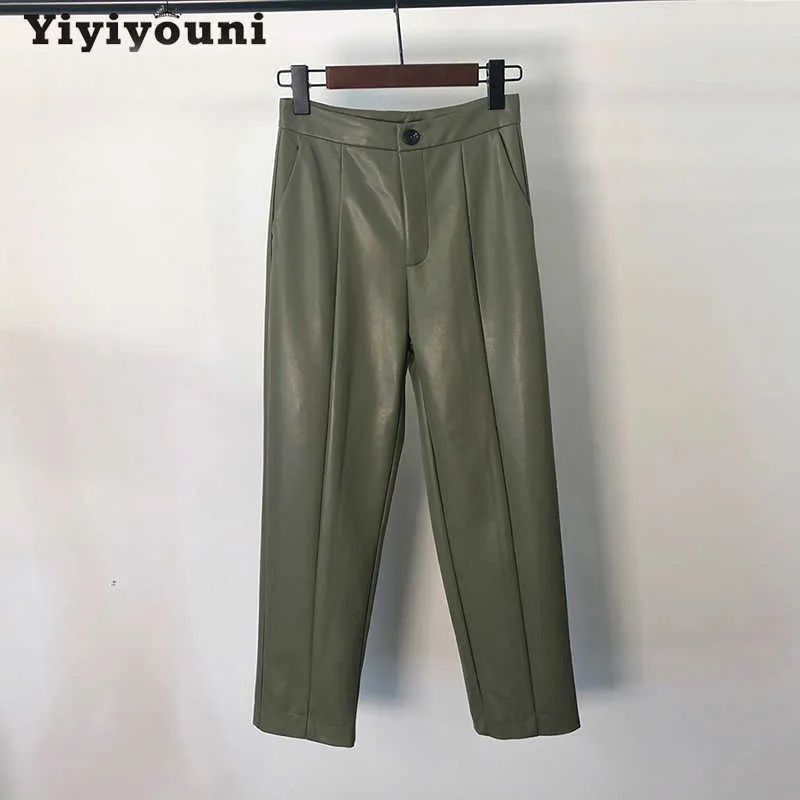 Yiyiyouni taille haute PU cuir pantalon femmes décontracté fermeture éclair pantalon droit noir blanc poches femme 210925