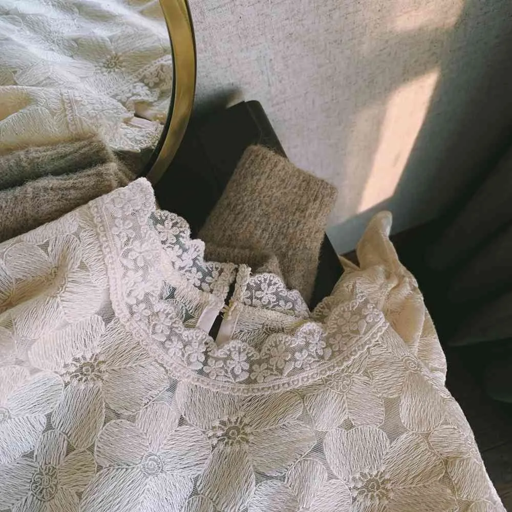 Kanten bodem shirt westerse stijl herfst en winter Koreaanse blouse met half-ballen holle prinsesstijl top 210326