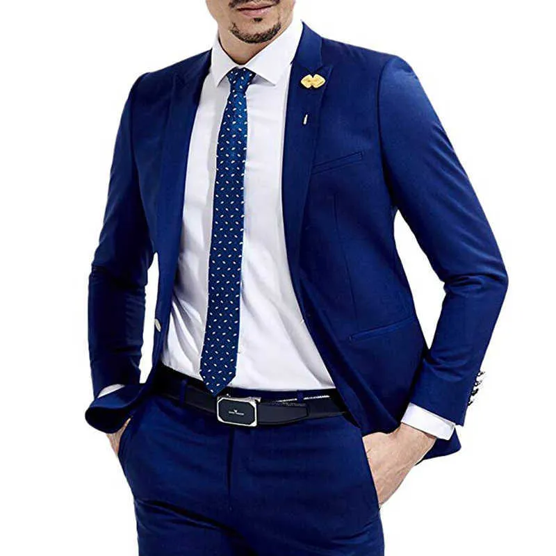 Abiti da uomo blu royal da sposa slim fit 2 pezzi smoking da sposo stile italiano giacca moda maschile con pantaloni nuovo arrivo 2021 X0909