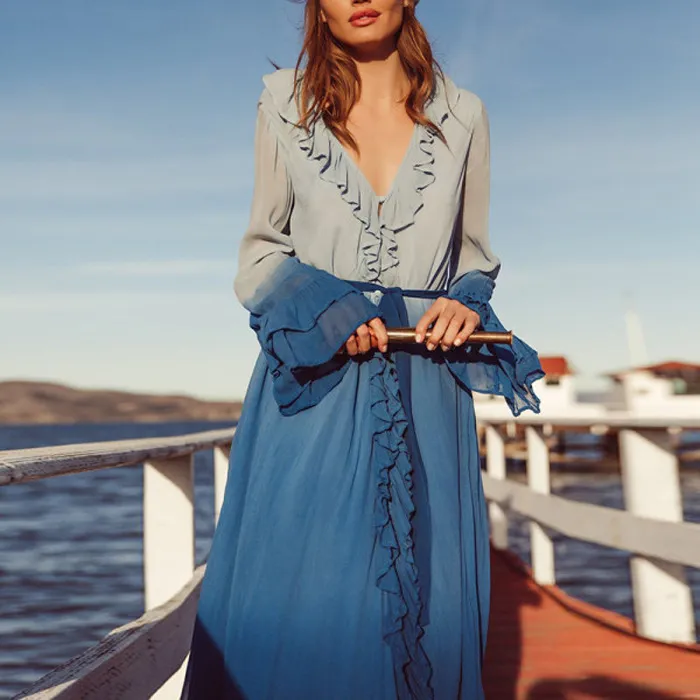 Frauen Kleid Patchwork Chiffon Rüschen Langarm Hohe Taille Blau Vintage es Plus Größe Böhmischen Strand es 210513