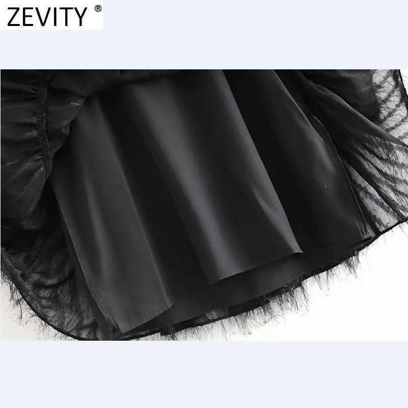 Zevity Women Vintage Vネック輝くタッセル装飾ブラックミニドレスフェムミプリーツパフスリーブシックなヴェストド服DS4894 210603