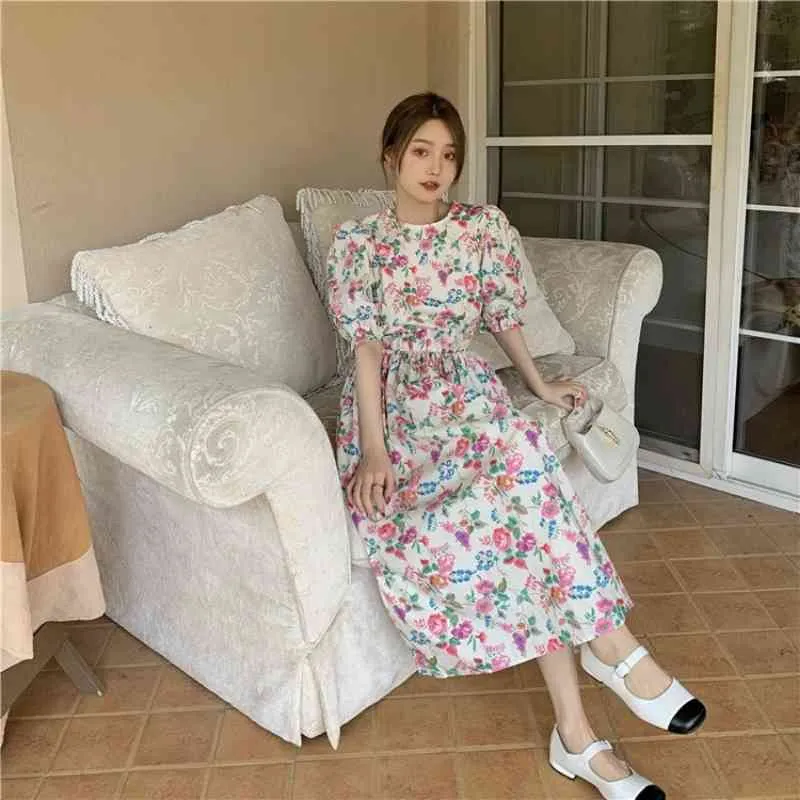 Ezgaga Çiçek Baskılı Puf Kısa Kollu Midi Elbise Kadın Kore Moda Yaz Yeni Zarif Nazik Bayan Yüksek Bel Tatlı Vestidos 210430