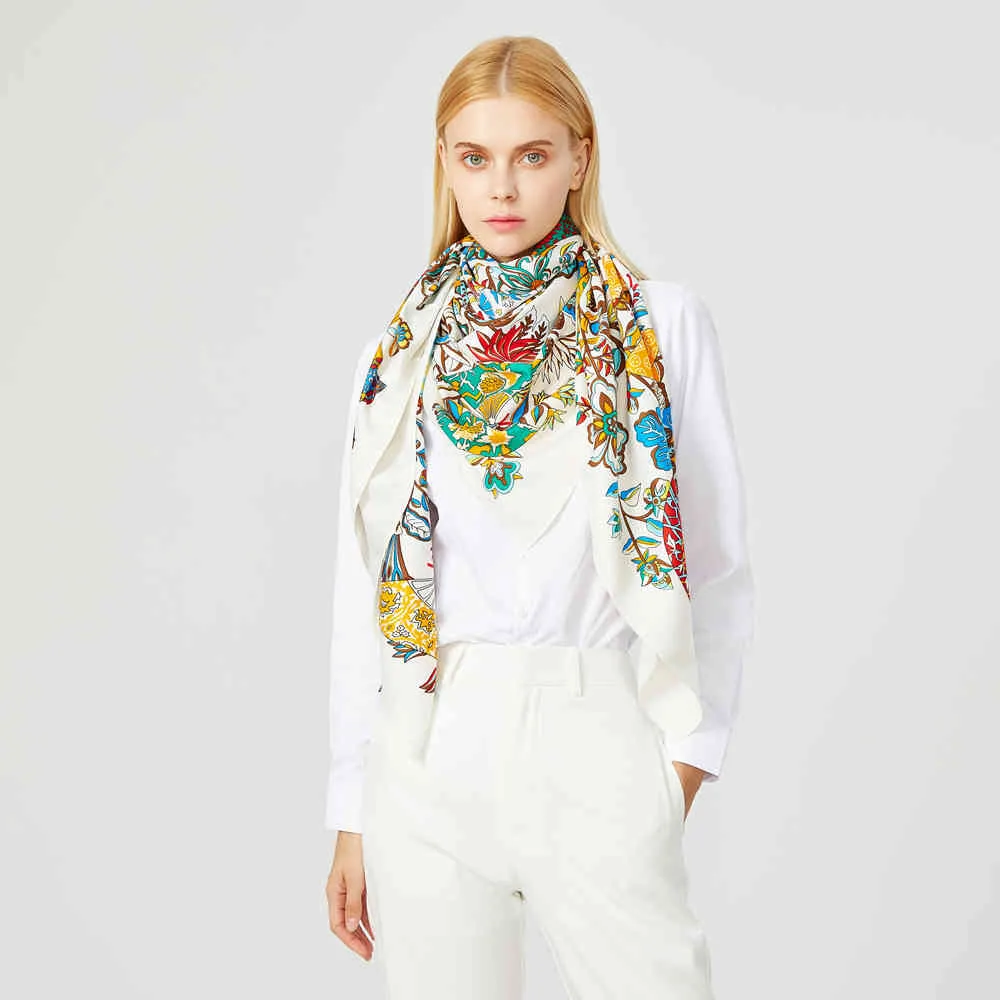 130 см Цветочный вентилятор Зимние квадратные шарфы 100% Twill Silk Женщины Бренд Дизайн роскошные Фобродные Шарф Hijab Skarf Farp для дам