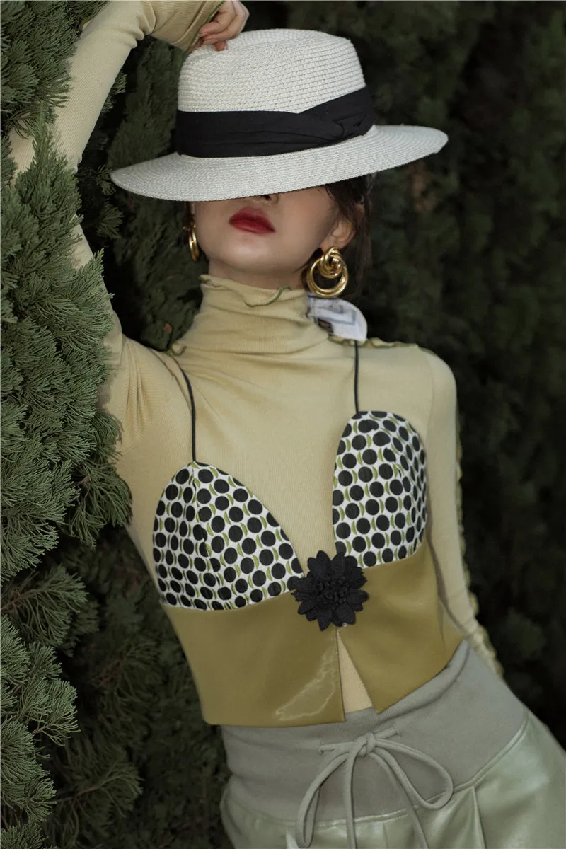 Designer Bralette Crop Top Femmes Cropped Cami Polka Dot PU Cuir Peplum Vert Bustier Mode 210427