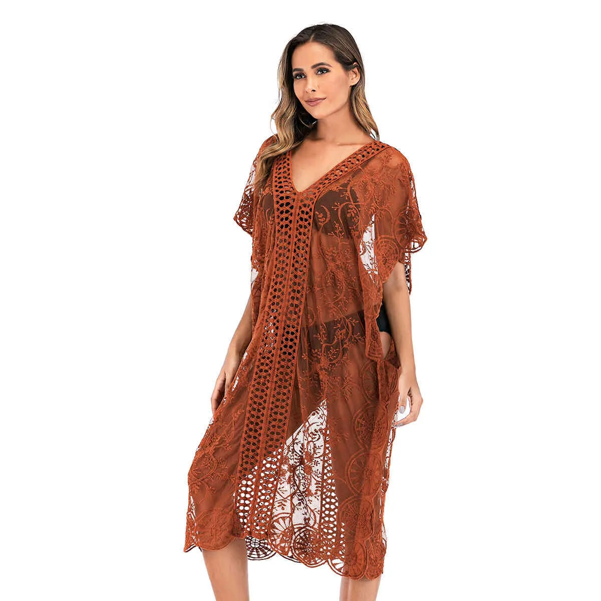 Mode Casual Creux-Out Lâche Solide Femmes Plage Bikini Cover Up Swim Short Wrap Sarong Beachwear Robe De Soleil Vêtements D'été 210525