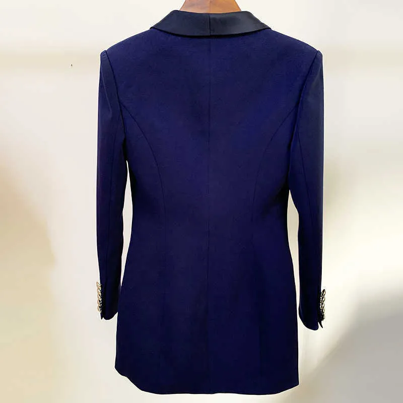 HIGH STREET est Designer Blazer Women's Metal Lion Buttons Double Breasted Shawl Collar Long Jacket Navy Blue 210930