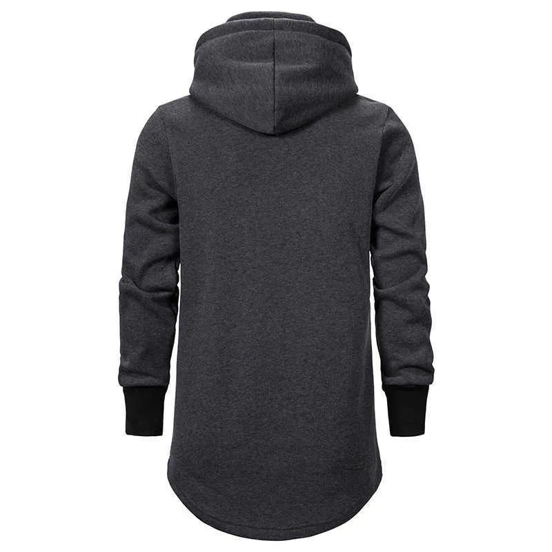 Män Slim Long Section High Collar Hooded Sweatshirt Man Förlänger krökad hem Solid Black Cotton Casual Pullover Hoodies 211023