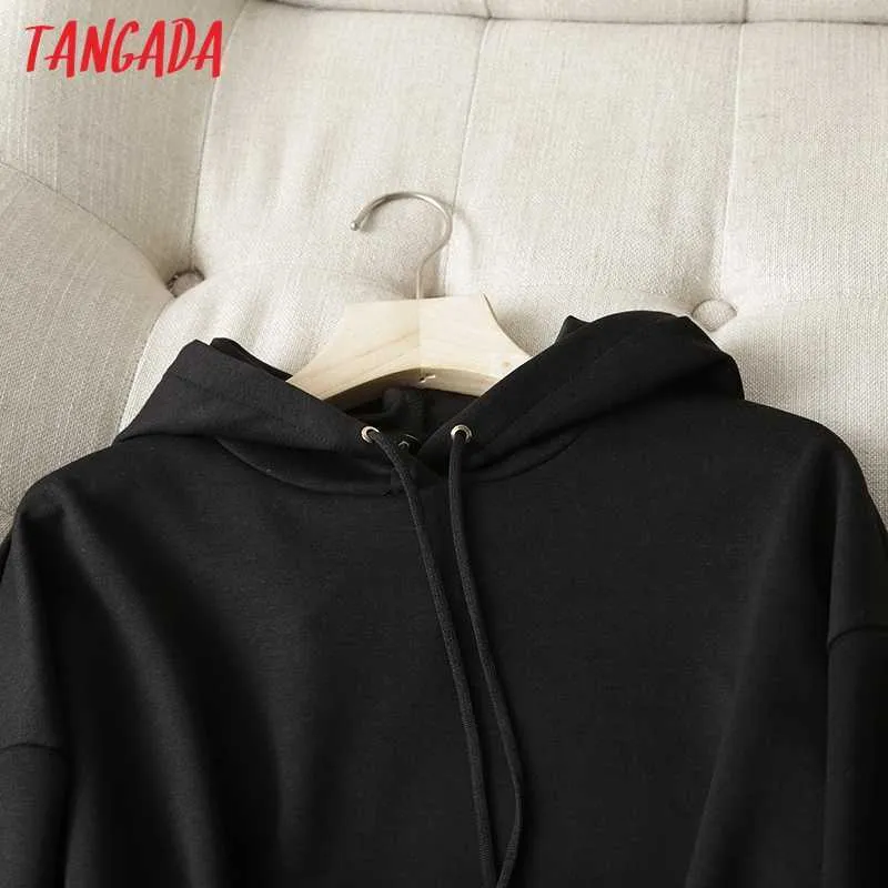 Tangada Dames Zwart Hoodie Sweatshirts Mode Oversize Dames Pullovers Hooded Jacket 6D84 210809