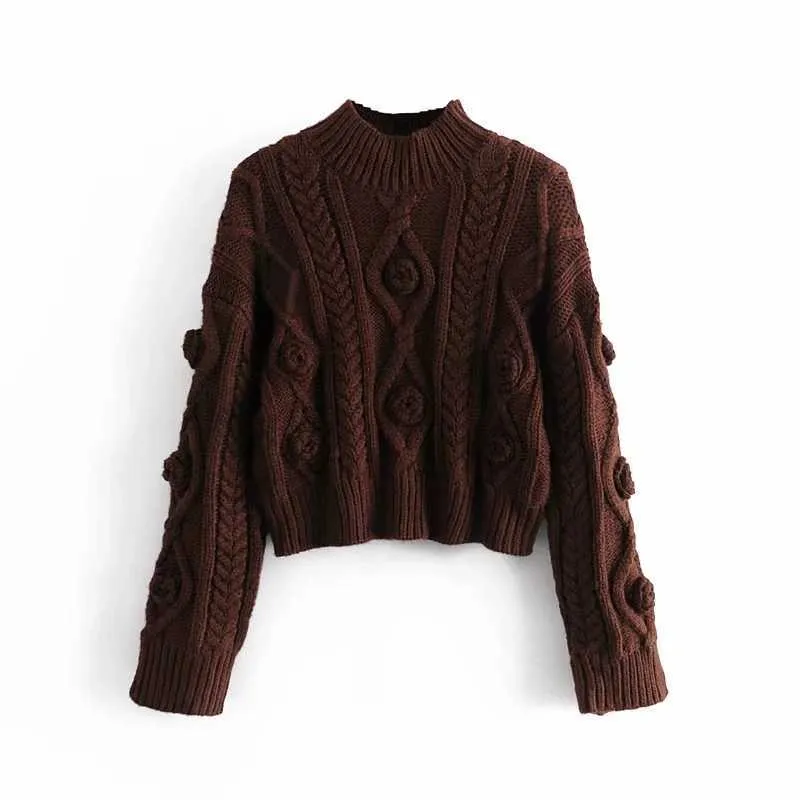 ZA Women Hand Knitted Sweater Autumn Fashion Brown Crew Neck Sweaters Basic Female Pullover Solid Femme Casual Knitwear 210602