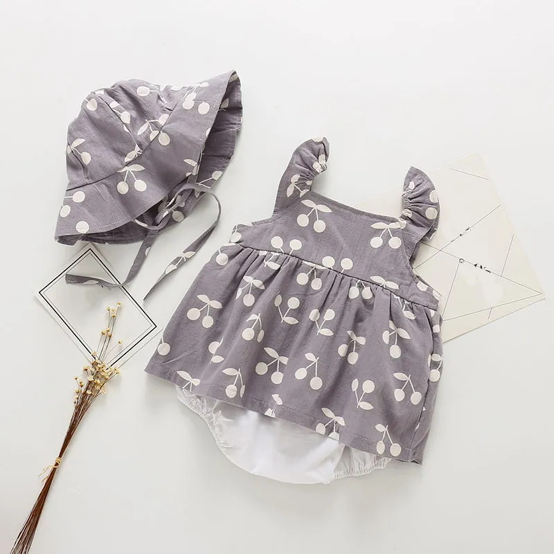 Sommar Baby Kläder Toddler Born Jumpsuit Fashion Söt Cherry Print Romper + Hat Girl Dress 210515