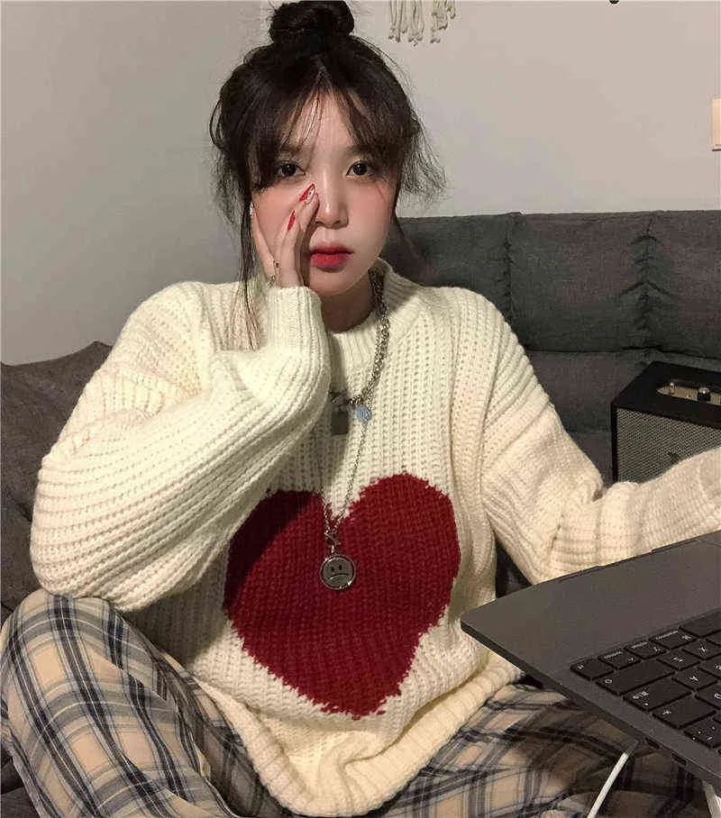 Korean Winter Sweet Heart-shaped Pattern Sweater Vintage Harajuku Style Full Sleeve Pullovers Loose Knitting Casual Sweater 211217