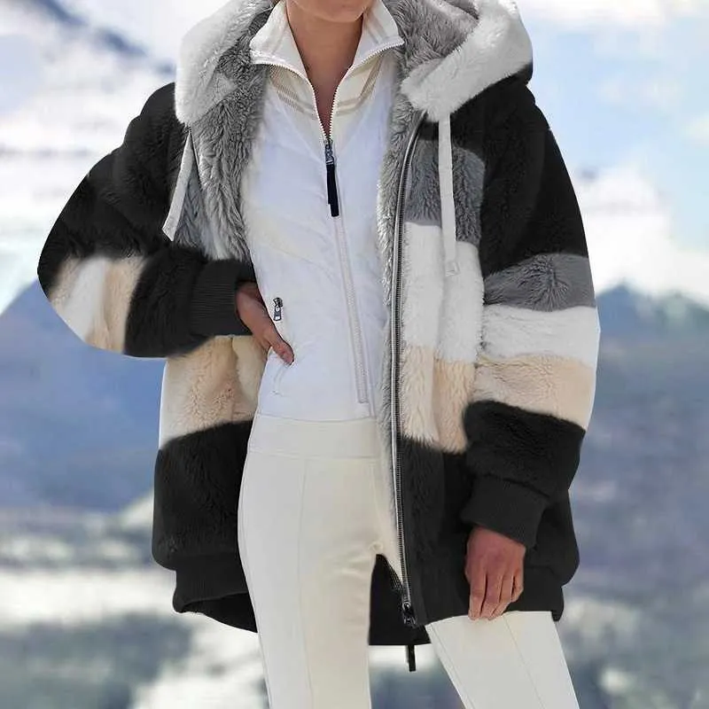 Frauen Jacke Warme Plüsch Casual Lose Mit Kapuze Mantel Mischfarbe Patchwork Winter Outwear Faux Pelz Zipper Damen Parka 210805