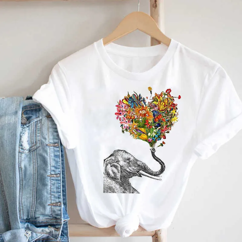 Kobiety Drukowanie Kwiatowy Trend Kwiatowy Styl Cute Love Walentynki Moda Ubrania Drukuj Tee Top Tshirt Kobiet Koszulka Graficzna X0527