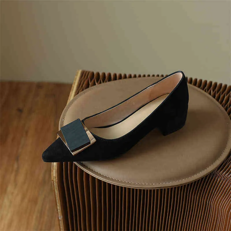 Sapatos de couro real de camurça grossa das mulheres com decoração de metal tamanho preto 34-42 para 2 9