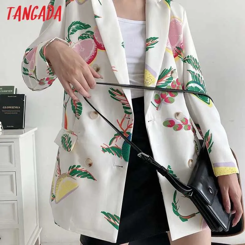 Tangada Women Fashion Fruit Print Blazer Coat Vintage doppio petto manica lunga Capispalla femminile Chic Top DA139 210930