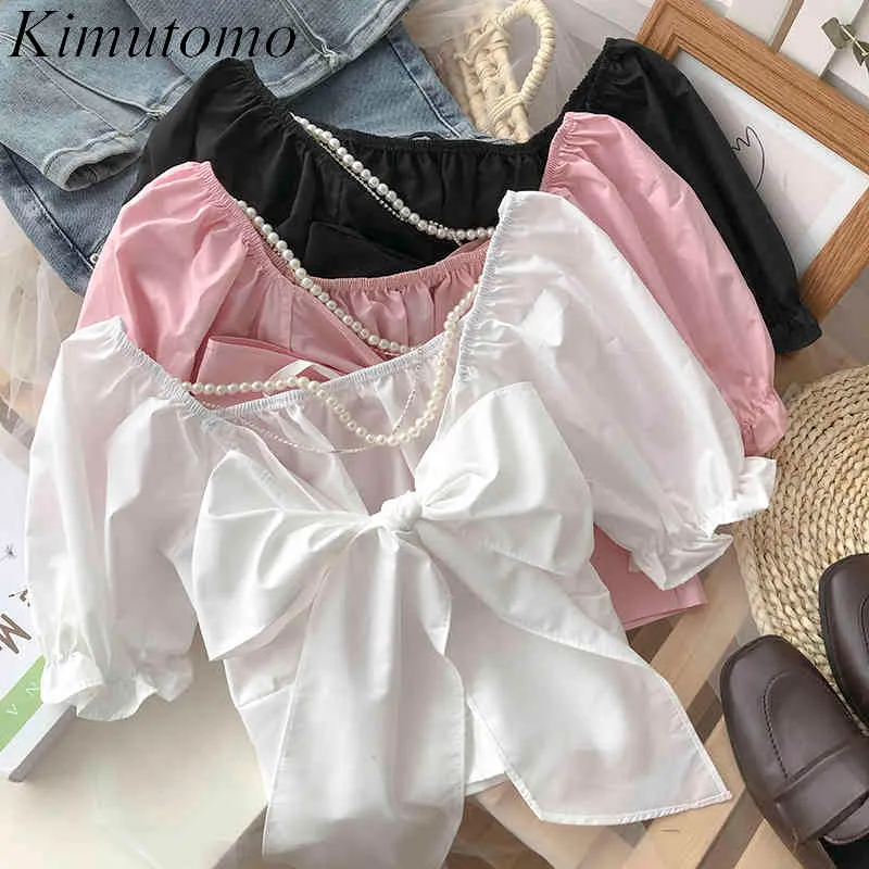 Kimutomo Sweet Wild Blouse Girls Back Bow Lace Up Pearl O-neck Puff Sleeves Short Solid Shirt Summer Elegant Korean Chic 210521