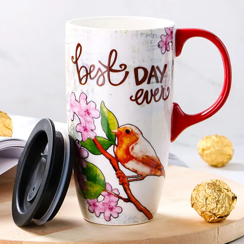 Tasses à café de voyage de grande capacité 500ML avec couvercle papillons en céramique sur fleurs tasse à thé au lait en porcelaine pour femmes Couple cadeau 239k