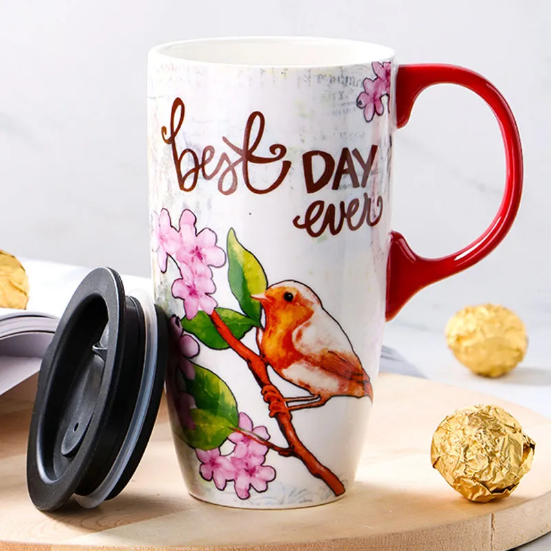 Tasses à café de voyage de grande capacité de 500ML avec couvercle, papillons en céramique sur fleurs, tasse de thé au lait en porcelaine pour femmes, cadeau de Couple 272O