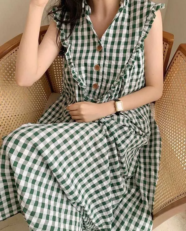 Plaid Wooden Ear V-Neck Loose Ärmlös Lång Big Swing Vest Dresses for Women 210615