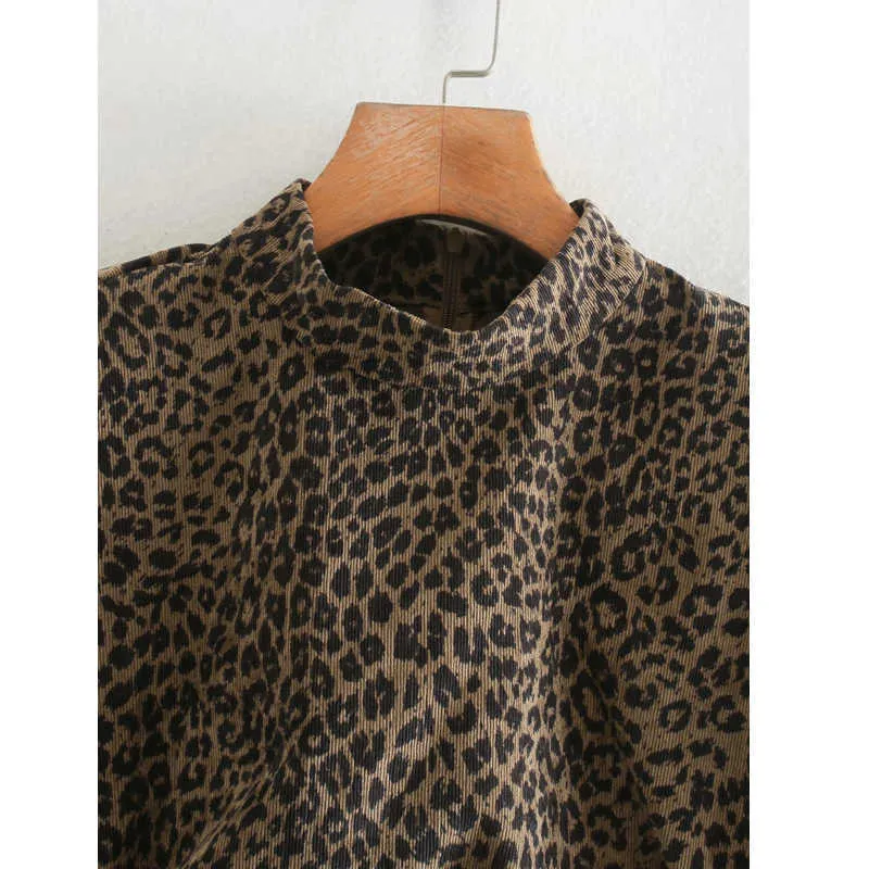 ZA Kvinnor Leopard Print High Turtleneck Långärmad Bodycon Party Korta Mini Klänningar LLADIES Fashion Skirts 210602